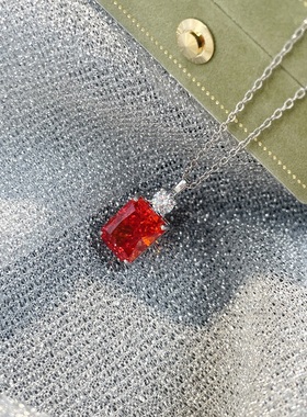 3克拉纯银925进口高碳钻冰花切正红色宝石方形吊坠时尚高级项链女