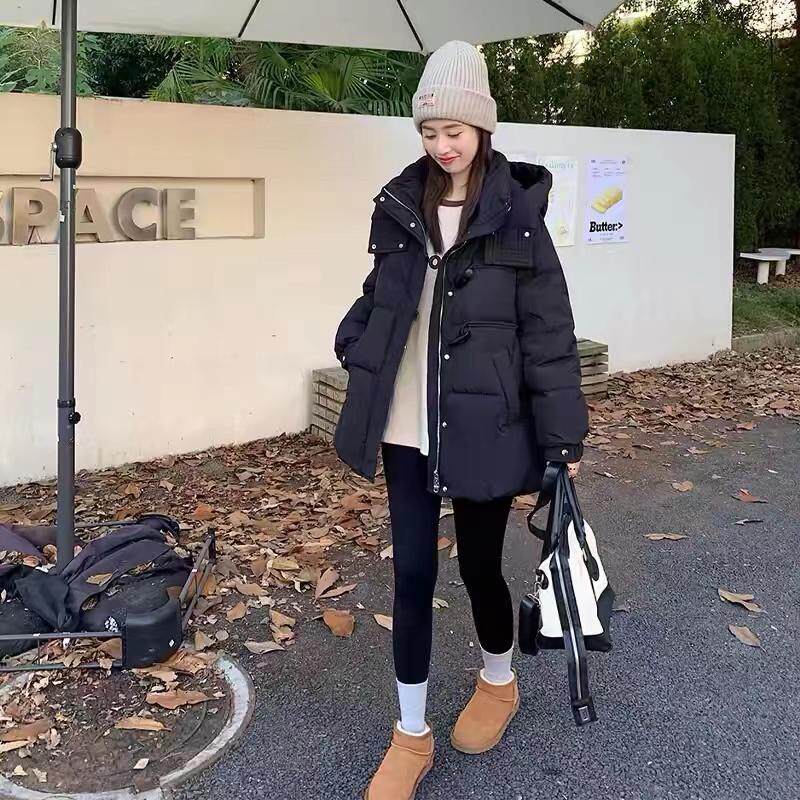 中长款牛角扣宽松大码加厚羽绒服上衣女百搭休闲连帽外套H21