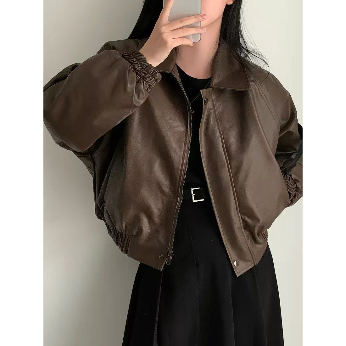 韩国chic秋冬高级感气质拉链翻领长袖宽松爆款加绒短款皮衣外套女,淘宝优惠券,粉丝福利购,淘宝优惠卷