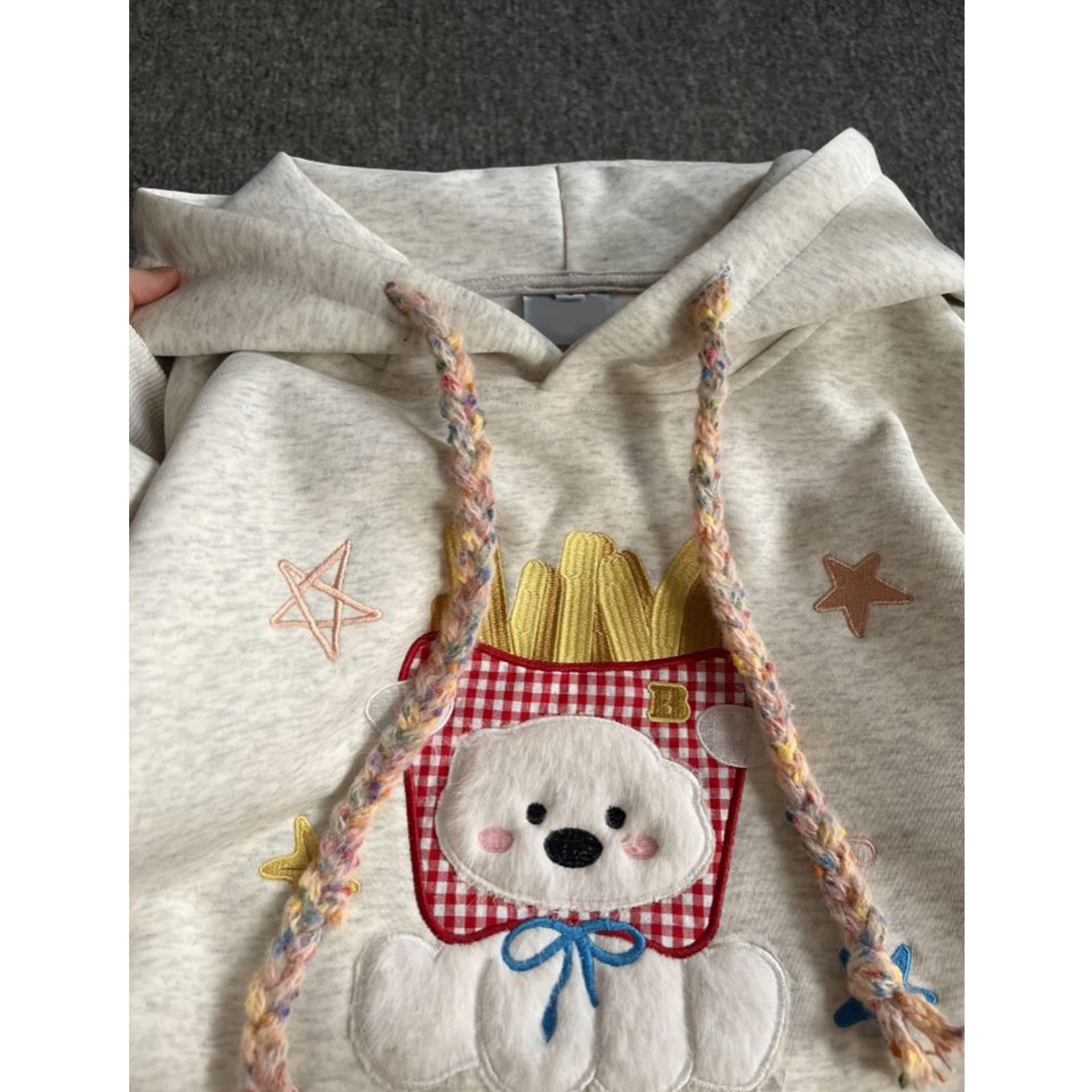 可爱刺绣薯条小狗耳朵连帽卫衣女秋冬宽松韩系慵懒风chic帽衫外套 - 图2