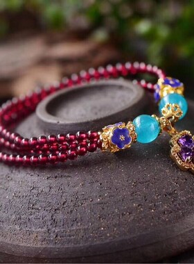 天然酒红石榴石水晶手串