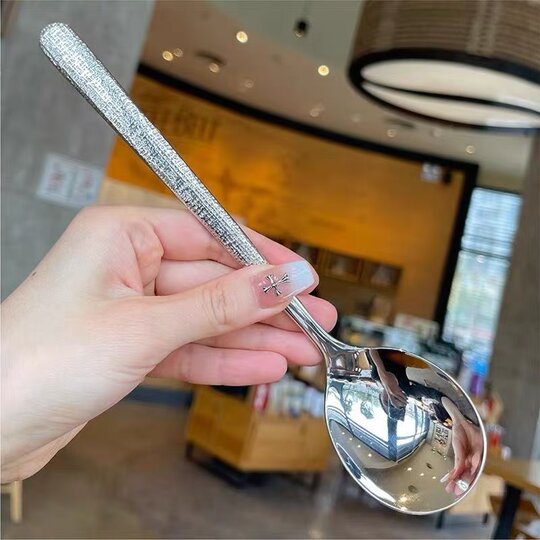Ice pattern spoon thickened stainless steel household adult rice spoon long handle spoon eating western food spoon student spoon spoon