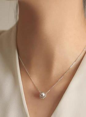 灰珍珠S925银项链女简约轻奢网红2025年新款ins锁骨链小众高级感