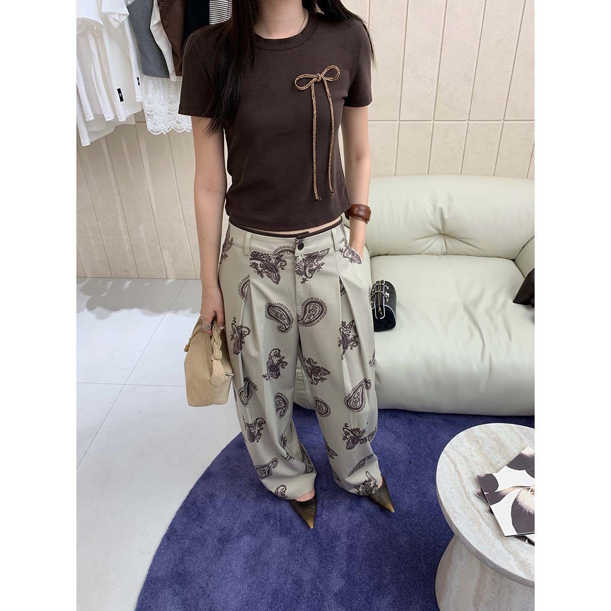 DT ETOLIE时髦精 撞色腰头腰果花显瘦阔腿裤垂感高级感 - 图1