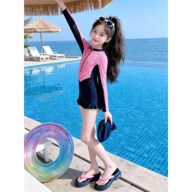 2026 New Swimsuit Children Girls Long Sleeve Professional Training Girls Swimwear Boxer Big Children Swimsuit with Chest Pad