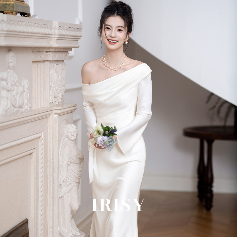 IRISY 「棠梨Ⅱ」白色长袖订婚礼服法式斜肩晨袍绝美气质领证白裙,淘宝优惠券,粉丝福利购,淘宝优惠卷