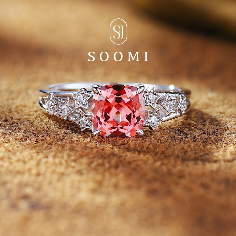 Padparadscha ring 2.2ct cultured sapphire women's ring 925 silver diamond pink