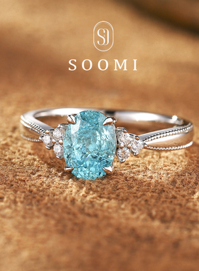 【新品 琥珀糖】帕拉伊巴戒指2ct培育宝石冰裂霓虹蓝蛋形女戒银镶