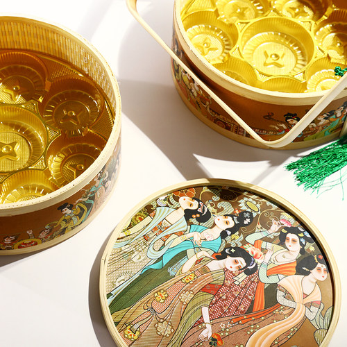 双层圆形仿古代美女图中秋节装月饼小点心的竹编竹篮子包装礼盒 - 图1