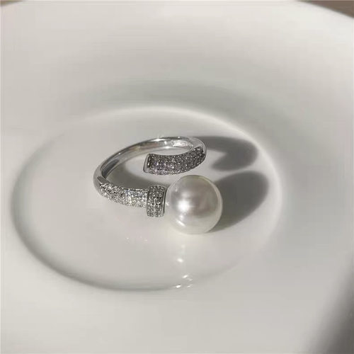 DIY配件 S925纯银满钻开口戒指空托 珍珠指环手饰戒圈10-12mm圆 - 图3