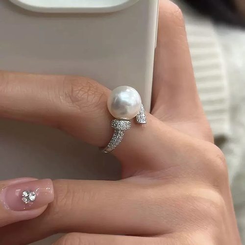 DIY配件 S925纯银满钻开口戒指空托 珍珠指环手饰戒圈10-12mm圆 - 图2