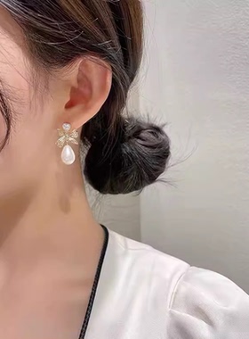 DIY配件 S925纯银欧美蝴蝶结耳钉空托 珍珠耳饰耳坠配7-12m圆滴
