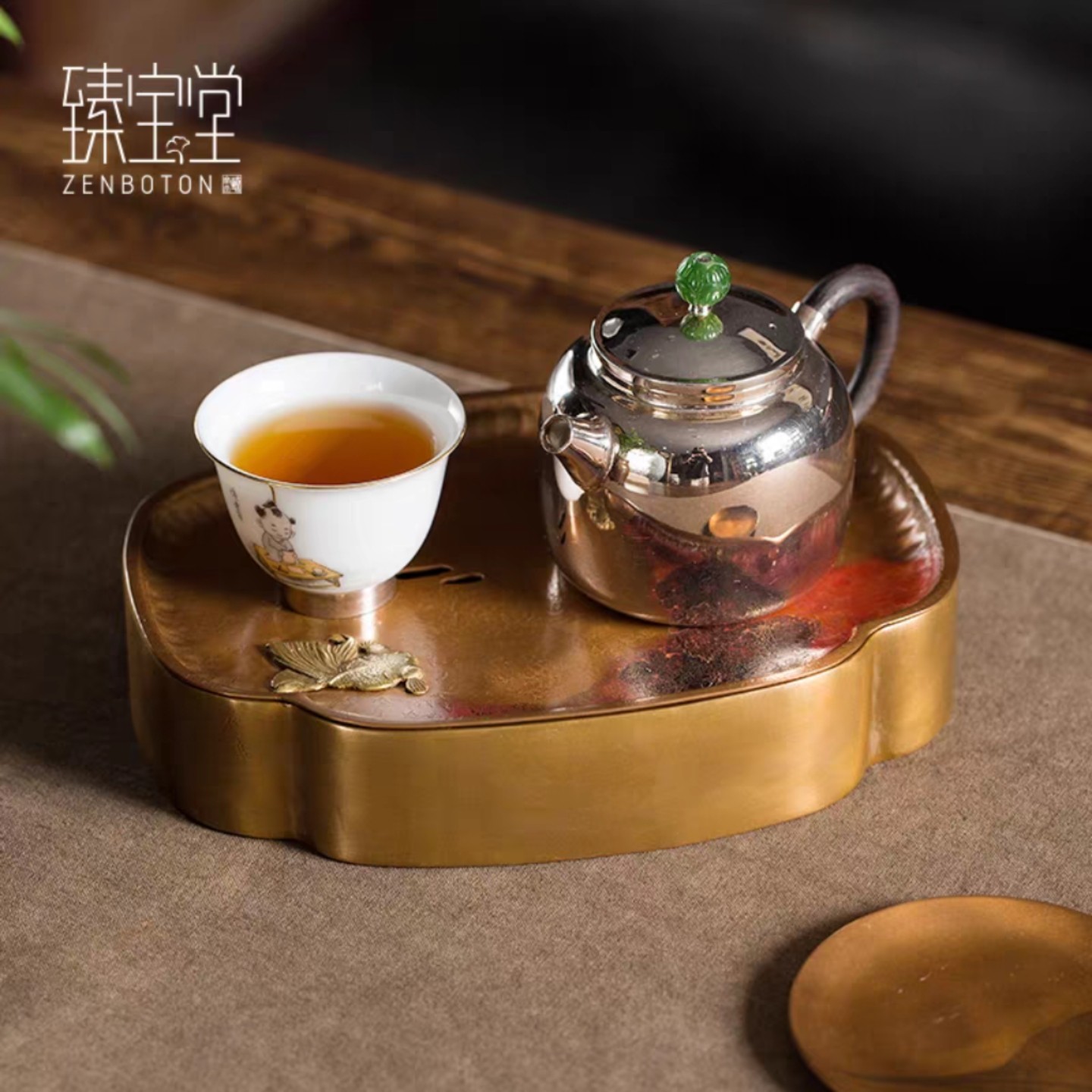 小白茶具//臻宝堂纯铜壶承手工鎏银茶盘储水茶台小型茶托干泡台,淘宝优惠券,粉丝福利购,淘宝优惠卷