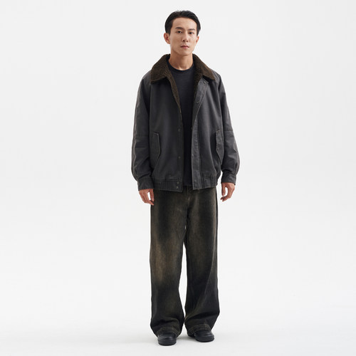 BUTTBILL 25AW复古酵洗做旧宽松3m新雪丽棉衣服男仿羊毛绒领外套 - 图1