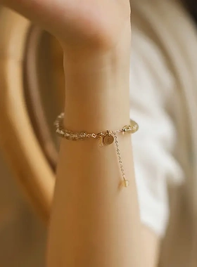 巧恩冰透天然金发晶手链女款字母14k包金小众气质水晶手串diy饰品