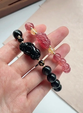 守护天然黑曜石草莓晶貔貅手串情侣款礼物时尚轻奢风七夕送女友