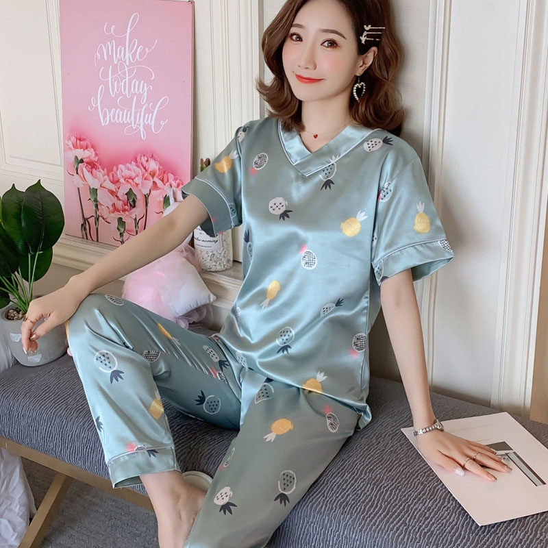 短袖长裤睡衣女夏天冰丝V领卡通可爱仿真丝绸加肥大码家居服套装,淘宝优惠券,粉丝福利购,淘宝优惠卷