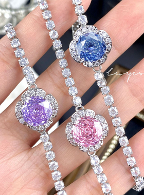 轻奢小众八角千禧玫瑰切坦桑蓝花朵手链镶嵌高碳钻玫瑰花粉钻手饰