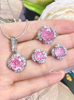 新款爆闪八角玫瑰切紫钻吊坠高碳钻艳丽彩宝粉钻指环女友礼物套装