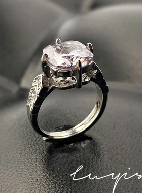 精工镶嵌冰花切烟灰锆戒指简约百搭肥正方干枯玫瑰高碳钻彩宝女戒