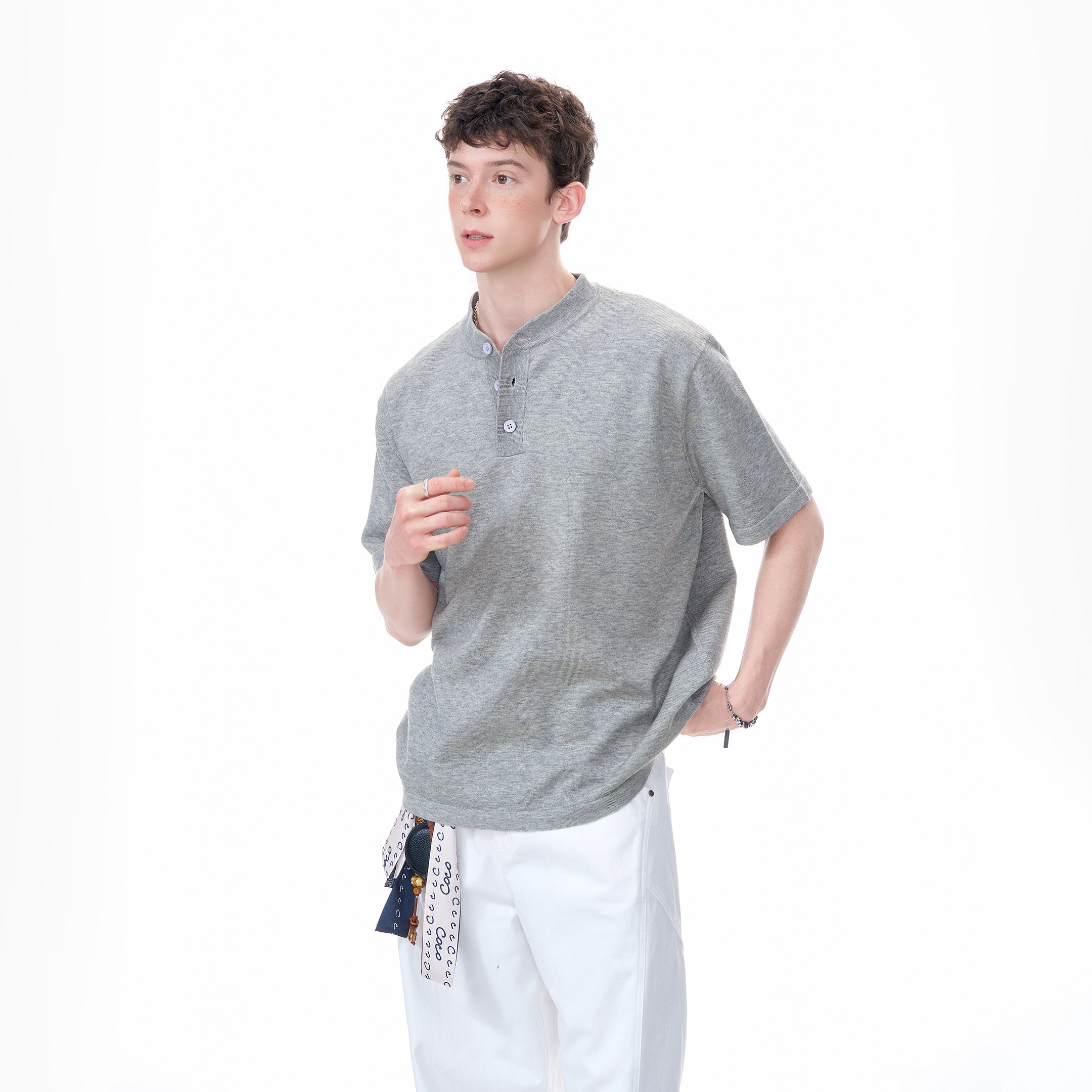 Dream made 美式复古cleanfit亨利领短袖T恤男夏季正肩针织衫半袖,淘宝优惠券,粉丝福利购,淘宝优惠卷