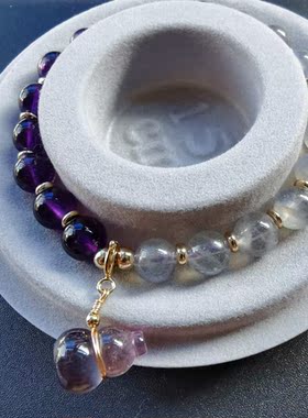 「流动的光」蓝月光拉长紫水晶拼色紫葫芦水晶吊坠 自然光拍摄