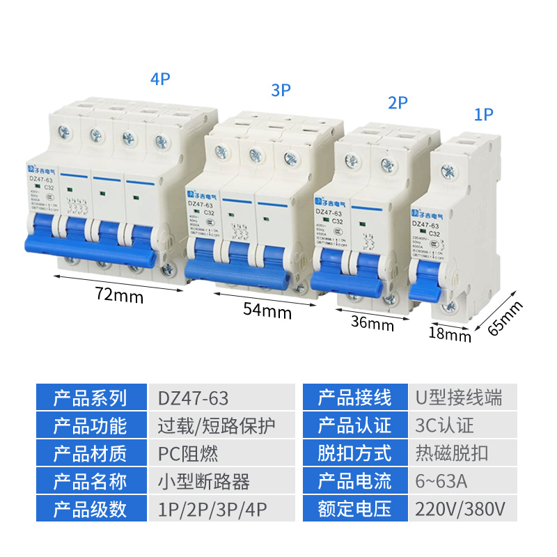 小型断路器DZ47-63/DZ47-125/1P2P3P4P家用空气空开6~125A总闸C45 - 图2