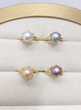 5A级高亮天然淡水无核珍珠戒指18K包金简约花苞珍珠戒指