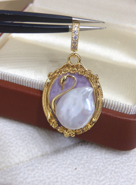 天然珍珠项链莫奈花园古油画风天鹅形巴洛克淡水珍珠万能扣吊坠