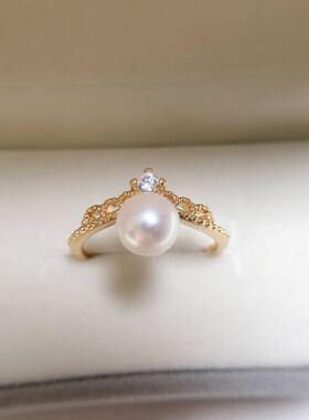 诸暨天然淡水珍珠戒指活口18K包金蕾丝皇冠指环