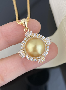 金珠海水珍珠时尚围镶钻石珍珠吊坠项链正圆12-13mm女s925纯银