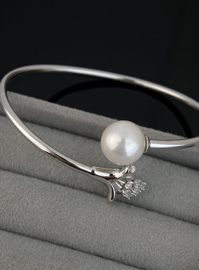 天然淡水珍珠轻奢小众开口手镯正圆11-12mm珍珠s925纯银珍珠手圈