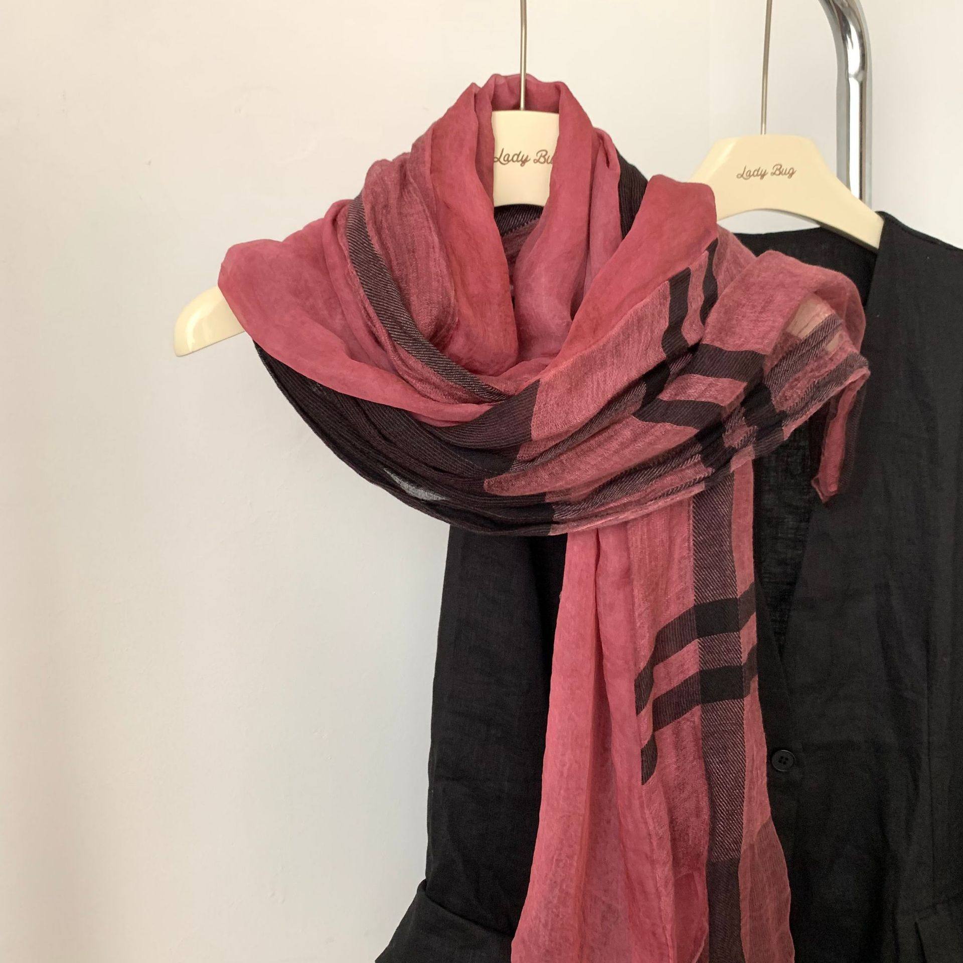 丝巾棉麻拼接时尚格子围巾长款柔滑2025春秋季女百搭纱巾薄款披肩,淘宝优惠券,粉丝福利购,淘宝优惠卷