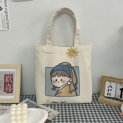 新款原创珍珠耳环少女帆布包清新甜美日韩帆布袋学生上课通勤ins - 图2