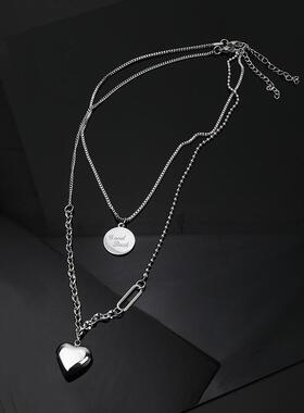 双层圆牌爱心项链女夏季轻奢