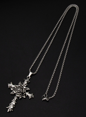 欧美复古玫瑰花十字架项链男女