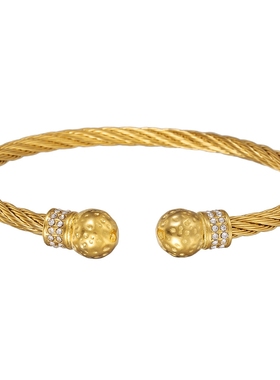 欧美个性金色钢丝绳螺纹镶锆石轻奢风不掉色嘻哈钛钢球形女生手镯