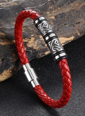 荆棘刺青转运珠路路通手绳男款个性黑色真皮编织手链男士转运礼物