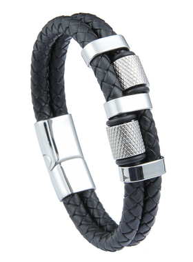 欧美潮流复古钛钢雕花编织皮手镯男士嘻哈街头皮绳磁吸口手链饰品