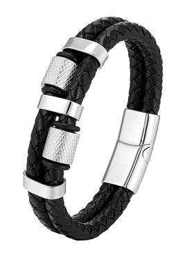 潮牌黑色皮绳手链男女双层编织手绳时尚复古个性日韩简约学生手环