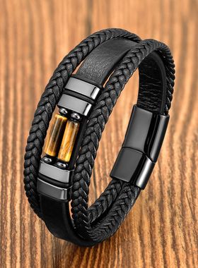 个性帅气虎眼手链男多层皮绳手镯