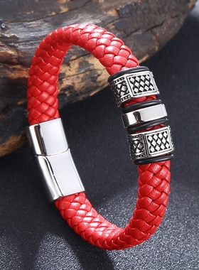 潮牌通用钛钢龙年红色手链皮质