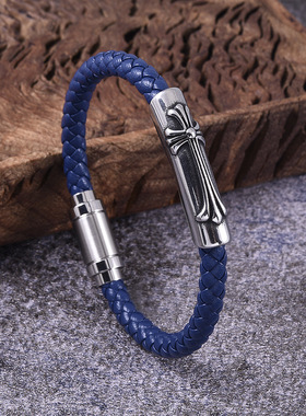 潮牌真皮编织手链男士复古十字架转运手环黑色百搭帅气送男友手绳