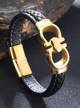 2026马年马蹄扣手链男士红色皮绳编织手绳本命年转运饰品新年喜庆