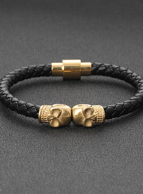 欧美风骷髅头真皮钛钢黑色手绳