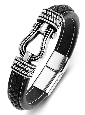 2026马年马蹄扣手链男士红色皮绳编织手绳本命年转运饰品新年喜庆