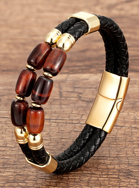 欧美风时尚虎眼石手链男士双层简约编织皮革手环饰品高颜值礼物潮
