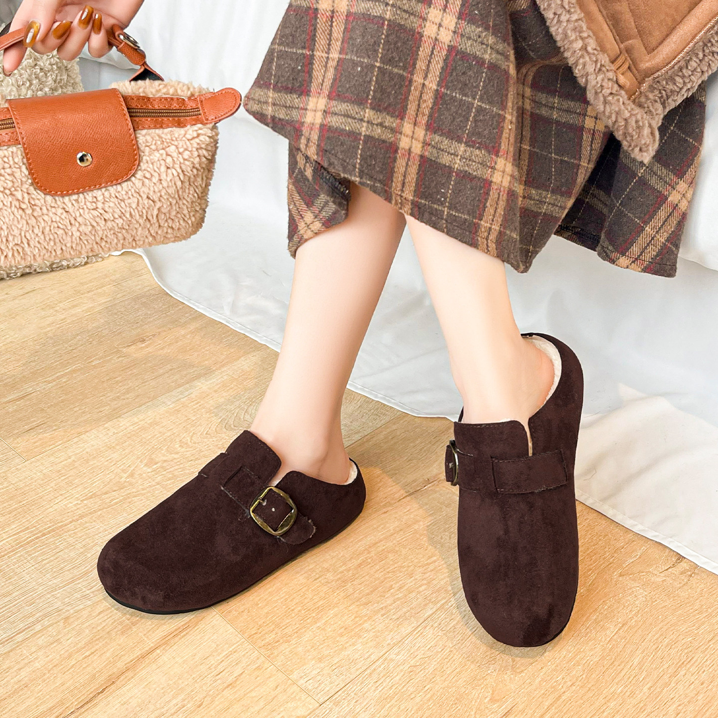 真皮~厚底加绒勃肯鞋女冬款包头半拖鞋外穿毛毛雪地棉拖大码女鞋,淘宝优惠券,粉丝福利购,淘宝优惠卷