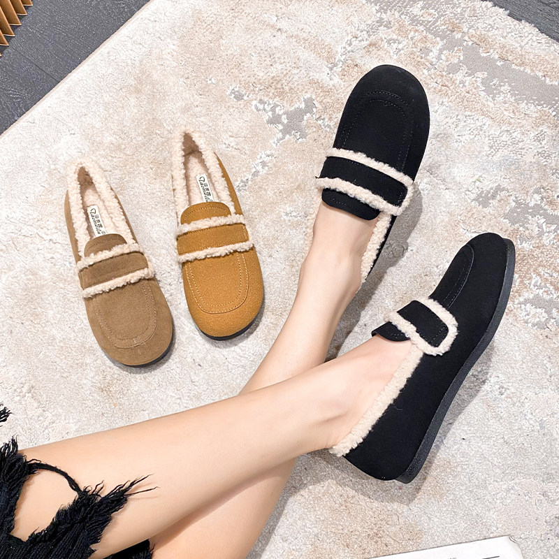 法式羊羔毛豆豆鞋女冬平底加绒单鞋勃肯毛毛鞋外穿大码女鞋41一43,淘宝优惠券,粉丝福利购,淘宝优惠卷