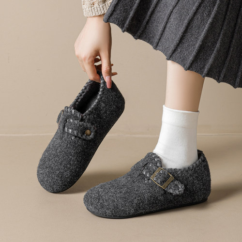 米霏~灰色厚底勃肯鞋女加绒内增高一脚蹬毛毛鞋博肯棉鞋大码女鞋 - 图0